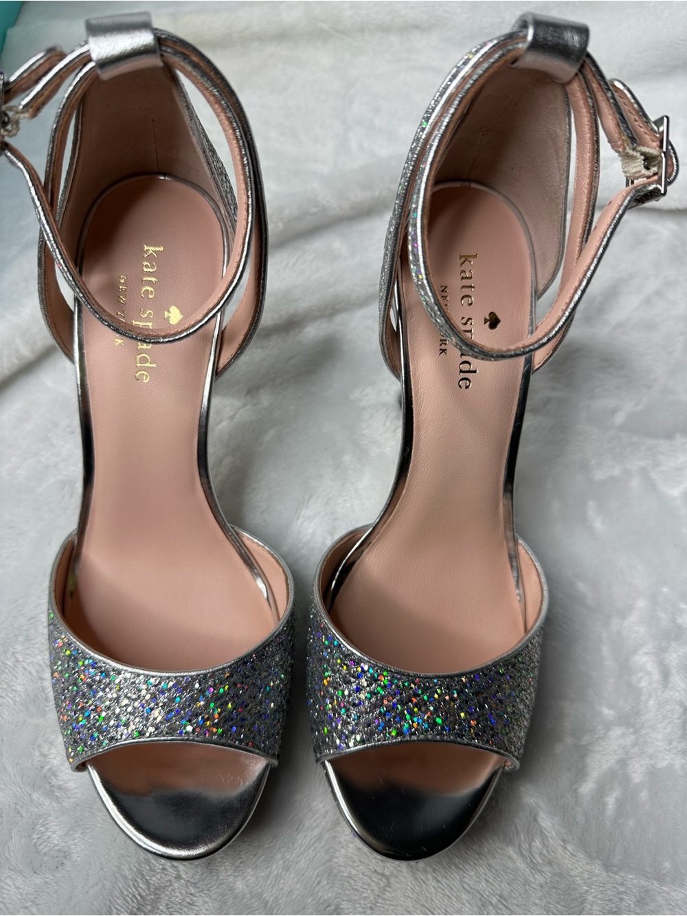 kate spade Silver Glitter Open-Toe Ankle Strap Heels